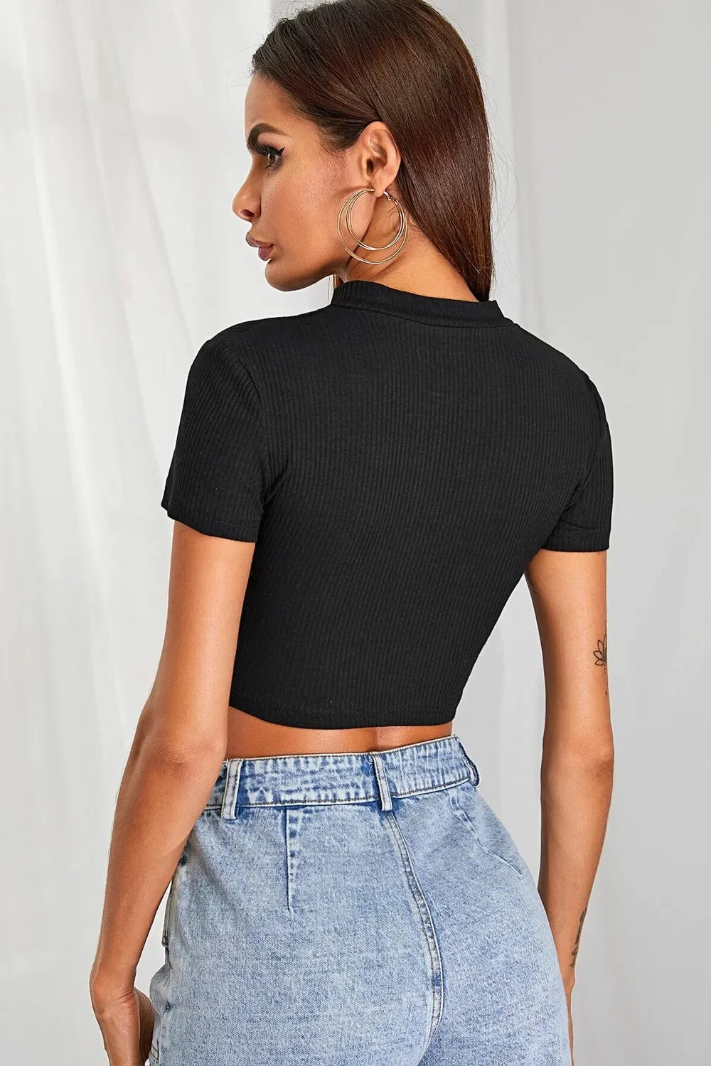 Half Placket Rib Crop Top