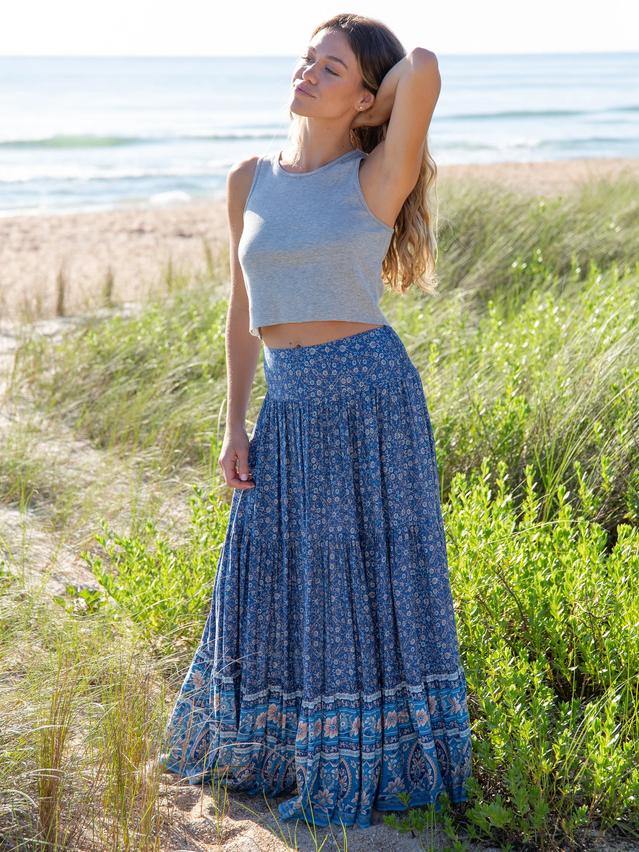 Hanna Convertible Maxi Skirt - Blue Floral Border