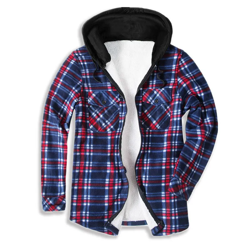 Hooded Plaid Flannel Shirt Jacket Sherpa Lined Jacket For Men