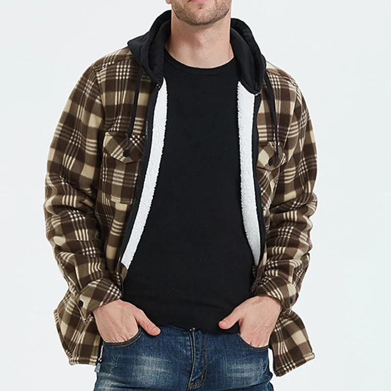 Hooded Plaid Flannel Shirt Jacket Sherpa Lined Jacket For Men