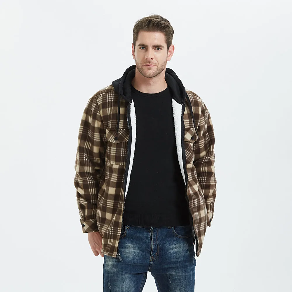 Hooded Plaid Flannel Shirt Jacket Sherpa Lined Jacket For Men