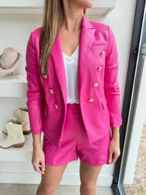 Hot Pink Vegan Leather Double Breasted Blazer