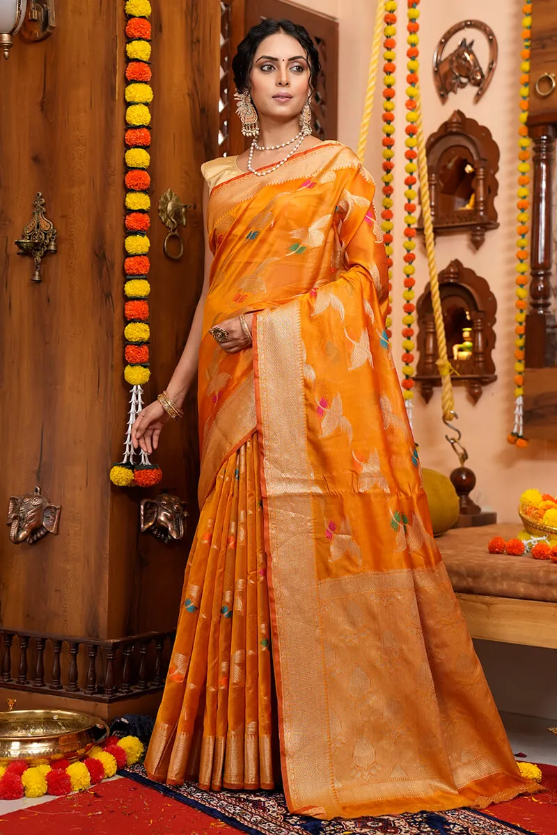 Impressive Orange Organza Silk Saree With Lassitude Blouse Piece