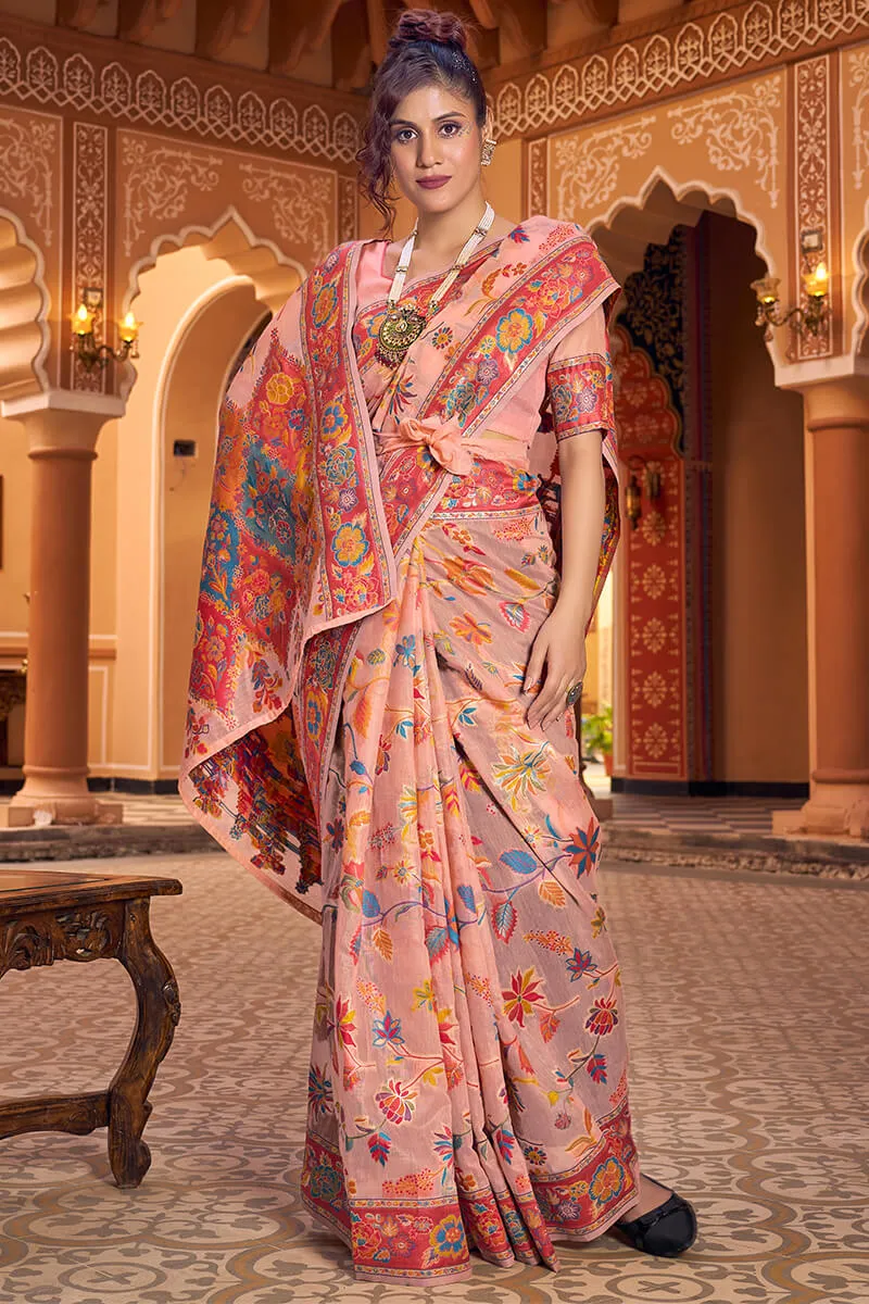 Impressive Peach Linen Silk Saree With Groovy Blouse Piece