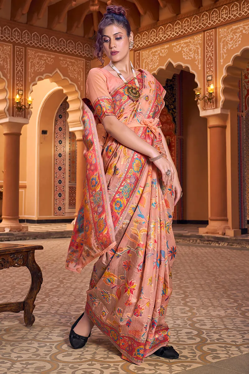 Impressive Peach Linen Silk Saree With Groovy Blouse Piece