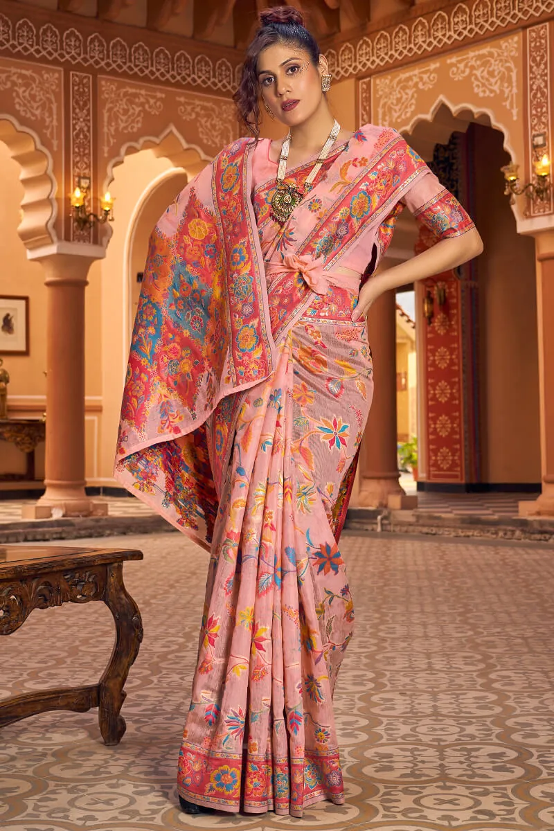 Impressive Peach Linen Silk Saree With Groovy Blouse Piece