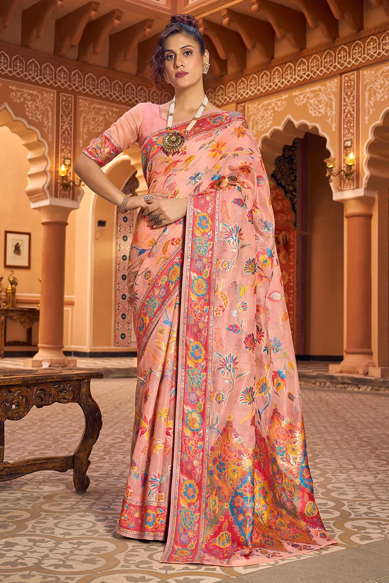 Impressive Peach Linen Silk Saree With Groovy Blouse Piece