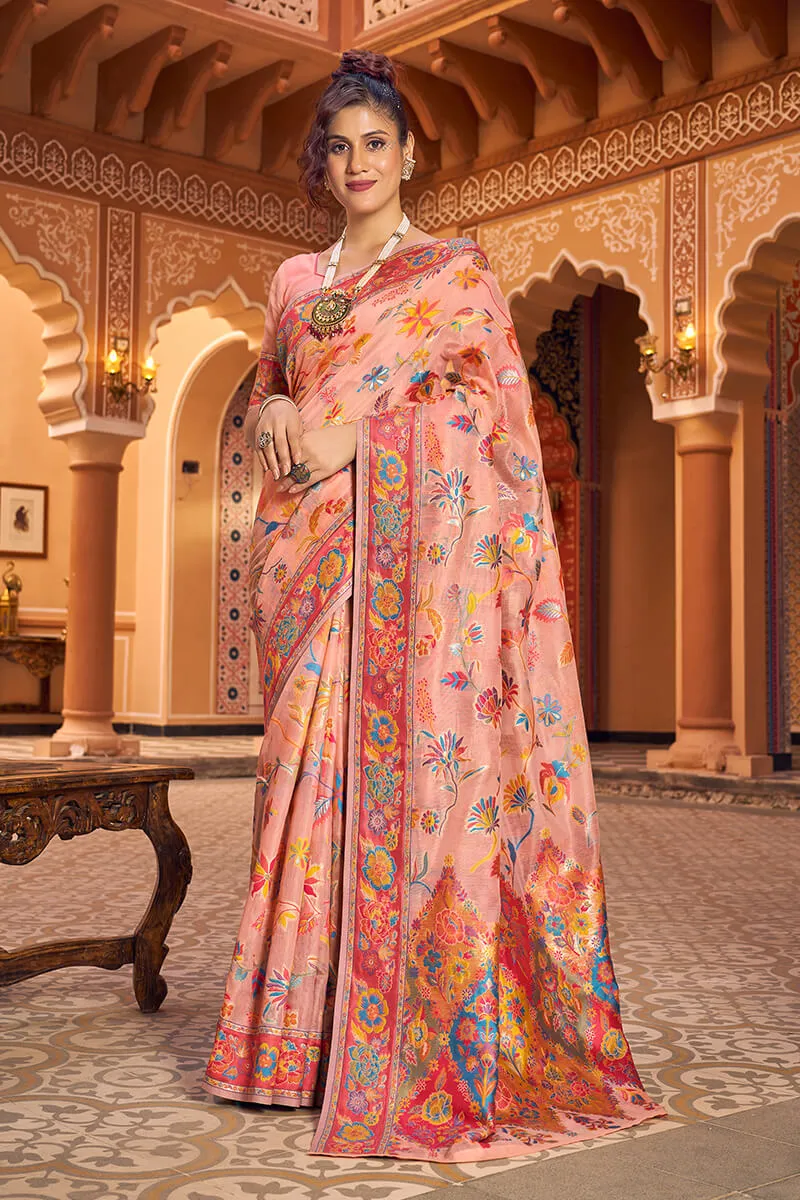 Impressive Peach Linen Silk Saree With Groovy Blouse Piece