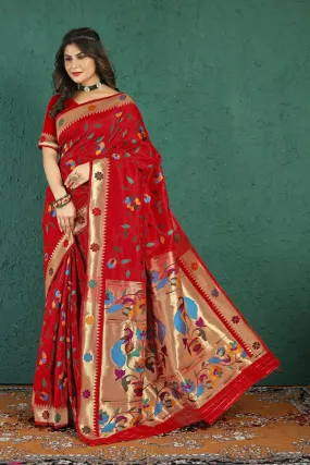 Improbable Red Paithani Silk Saree With Palimpsest Blouse Piece