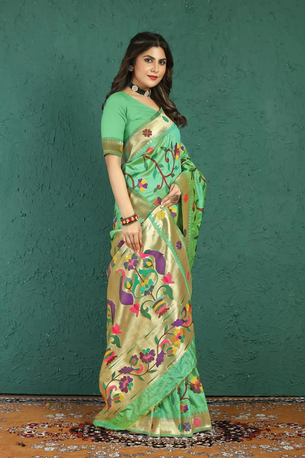 Incredible Pista Paithani Silk Saree With Panoply Blouse Piece