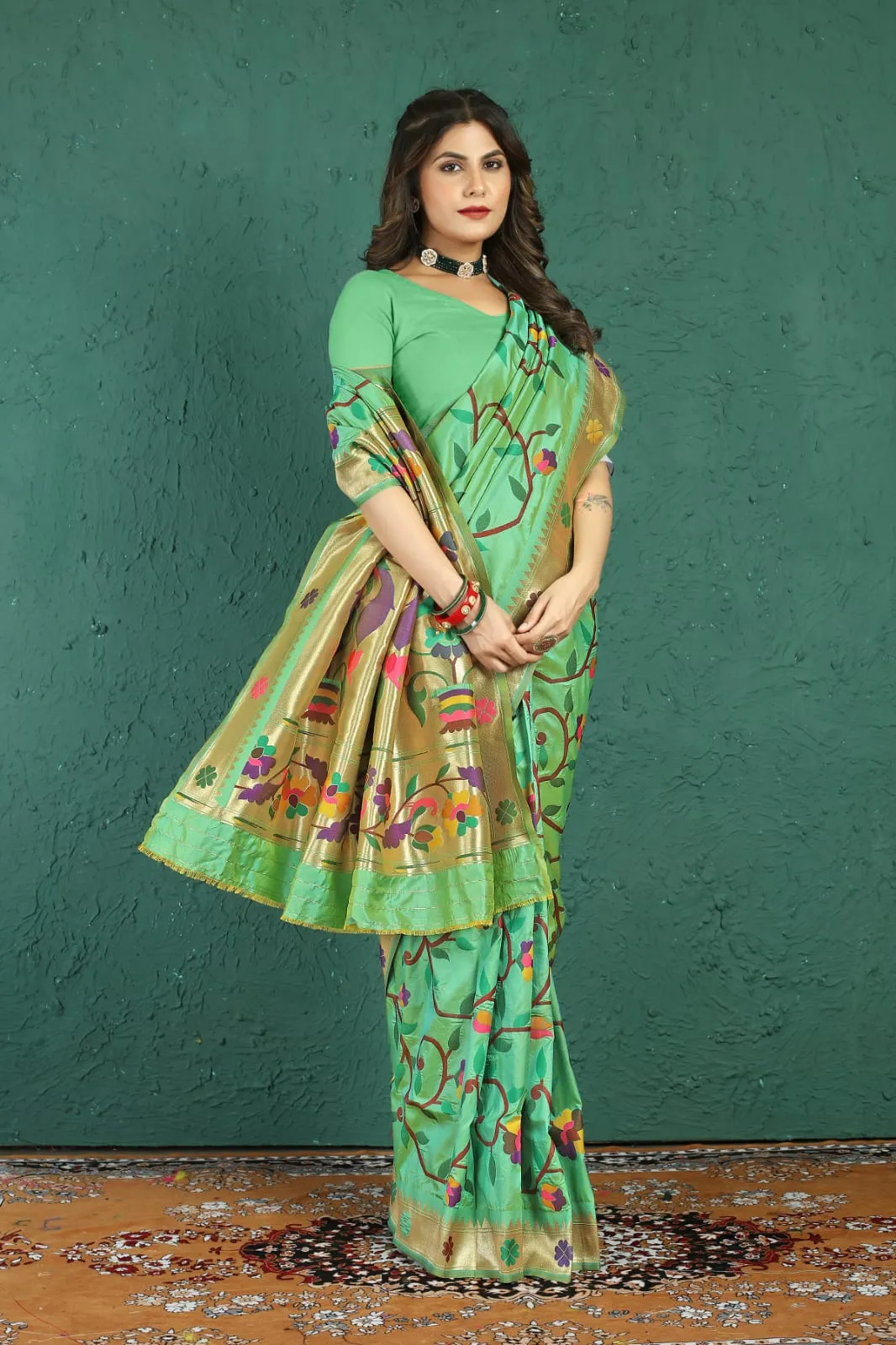 Incredible Pista Paithani Silk Saree With Panoply Blouse Piece