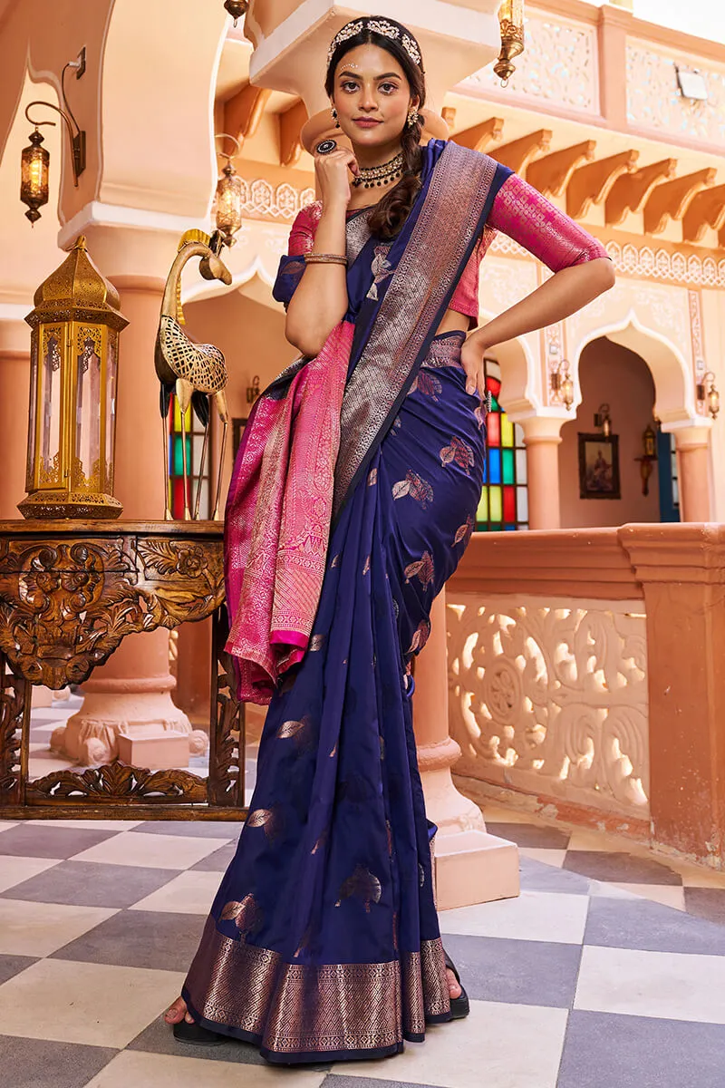 Inspiring Navy Blue Soft Banarasi Silk Saree With Entrancing Blouse Piece