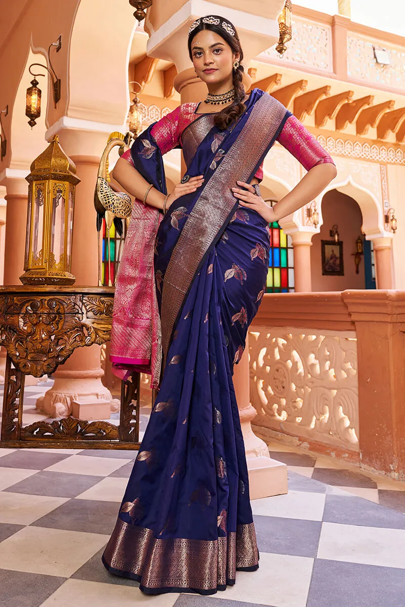 Inspiring Navy Blue Soft Banarasi Silk Saree With Entrancing Blouse Piece