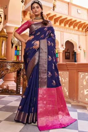 Inspiring Navy Blue Soft Banarasi Silk Saree With Entrancing Blouse Piece