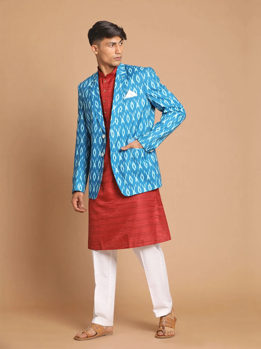 Jashvi Men's Blue Ikkat print Blazer And Kurta Pant sett