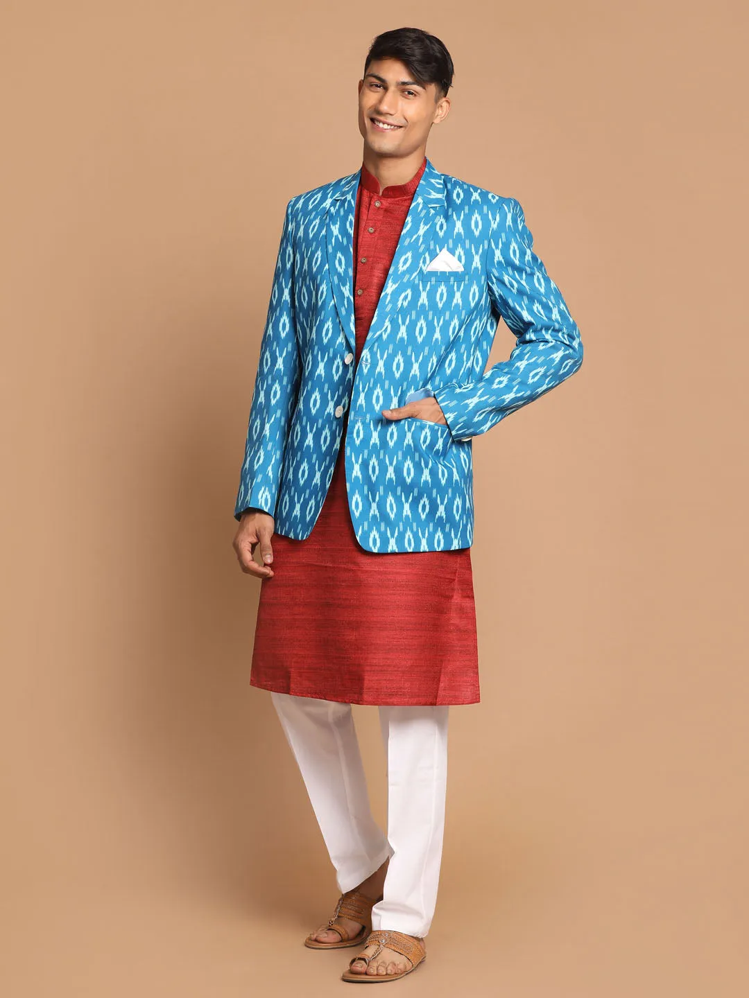 Jashvi Men's Blue Ikkat print Blazer And Kurta Pant sett