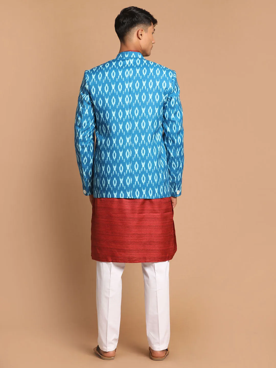 Jashvi Men's Blue Ikkat print Blazer And Kurta Pant sett