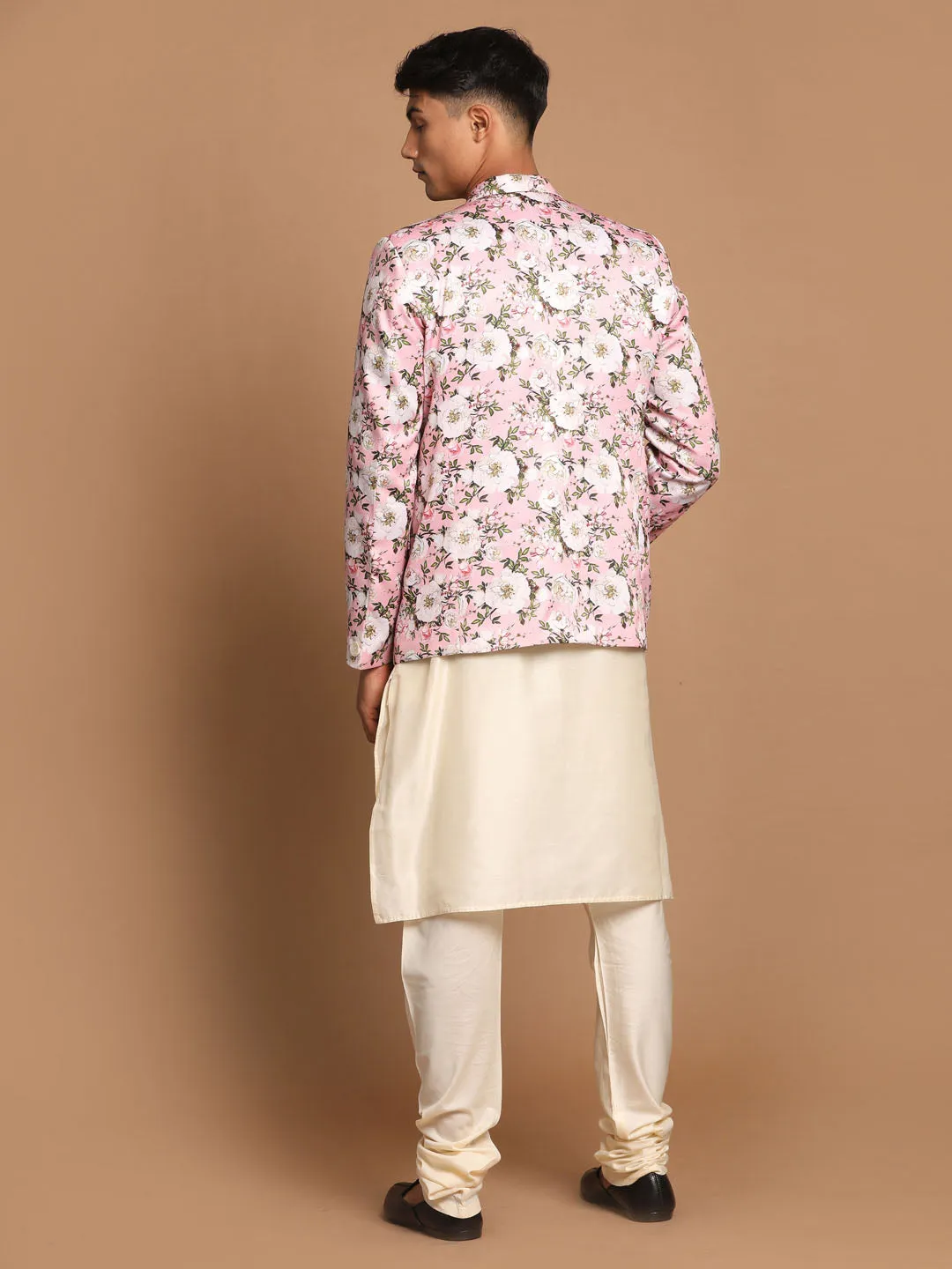 Jashvi Men's Pink Floral Print Blazer And Cream Solid Kurta With Pajama Set