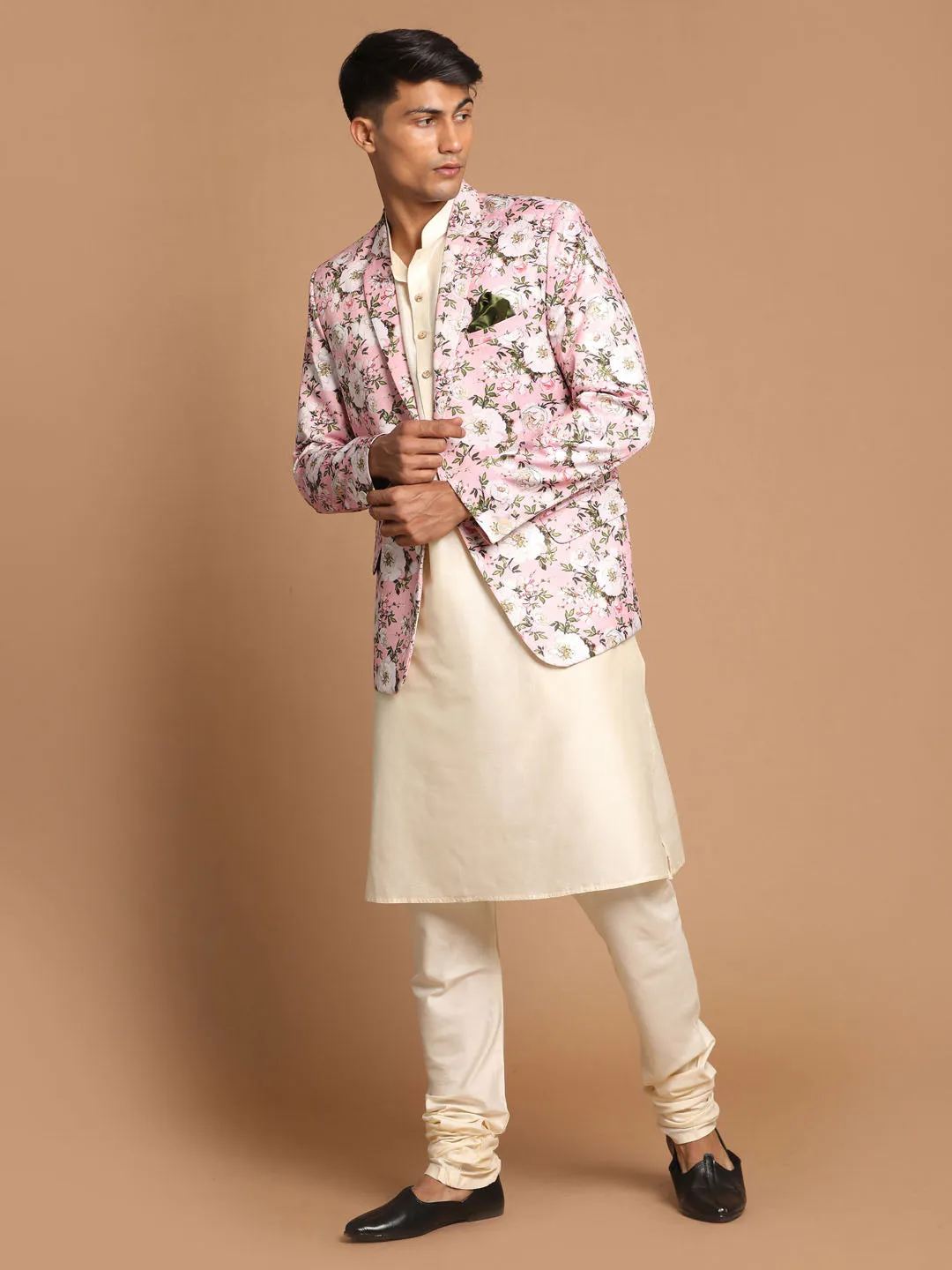 Jashvi Men's Pink Floral Print Blazer And Cream Solid Kurta With Pajama Set