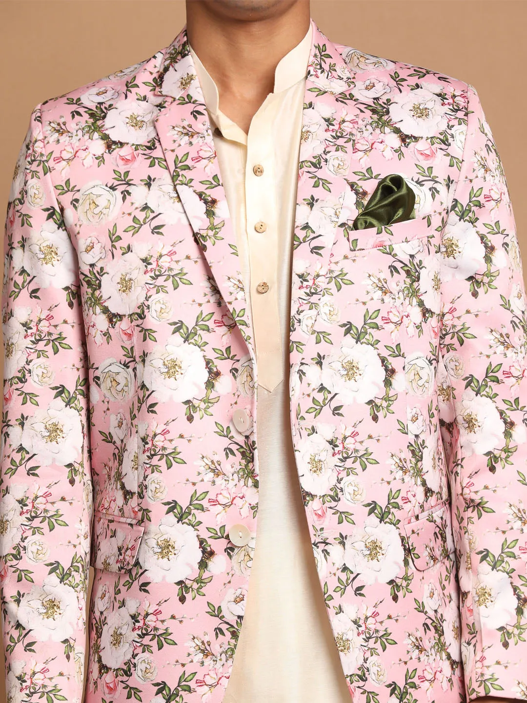 Jashvi Men's Pink Floral Print Blazer And Cream Solid Kurta With Pajama Set