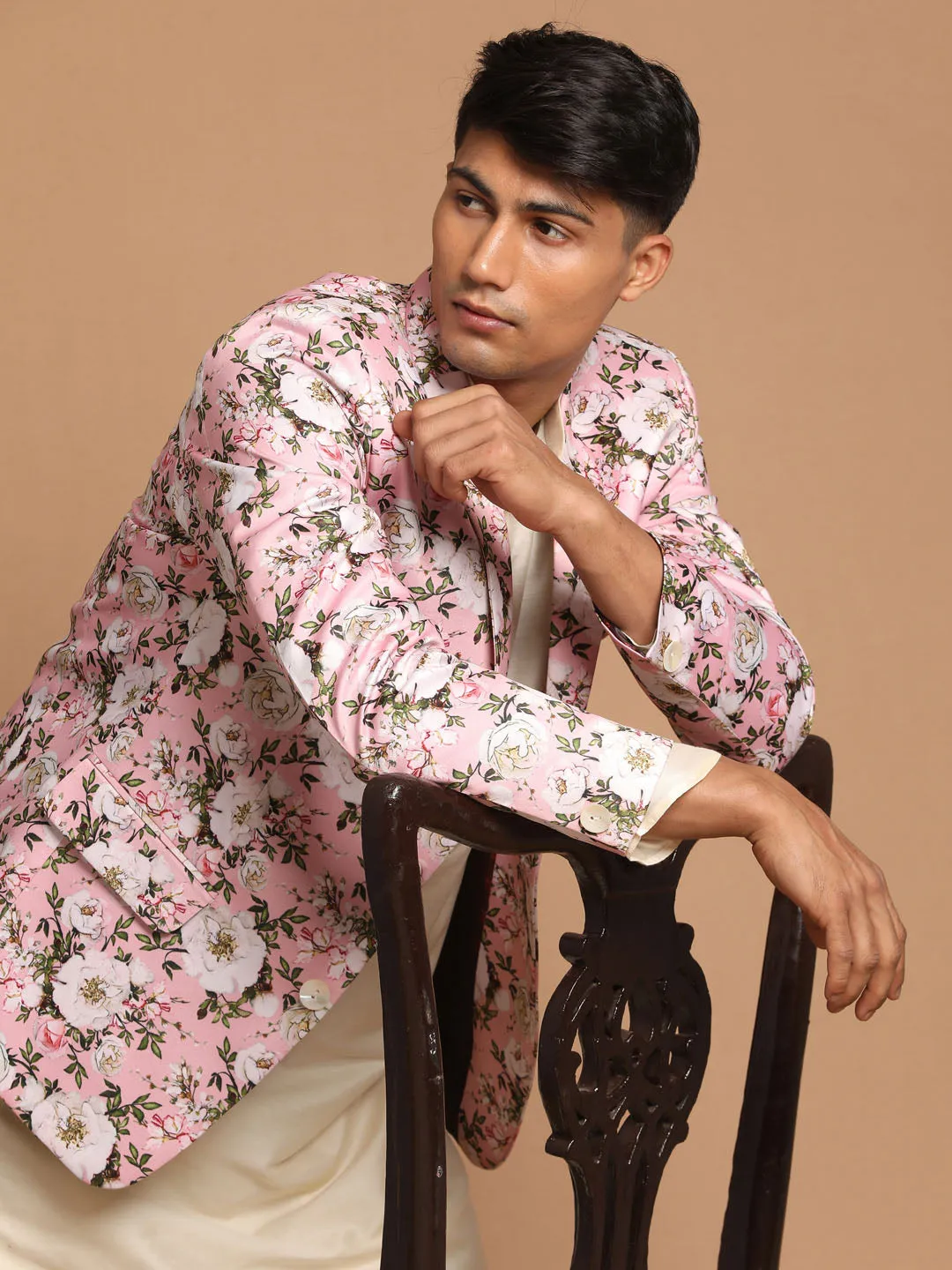 Jashvi Men's Pink Floral Print Blazer And Cream Solid Kurta With Pajama Set