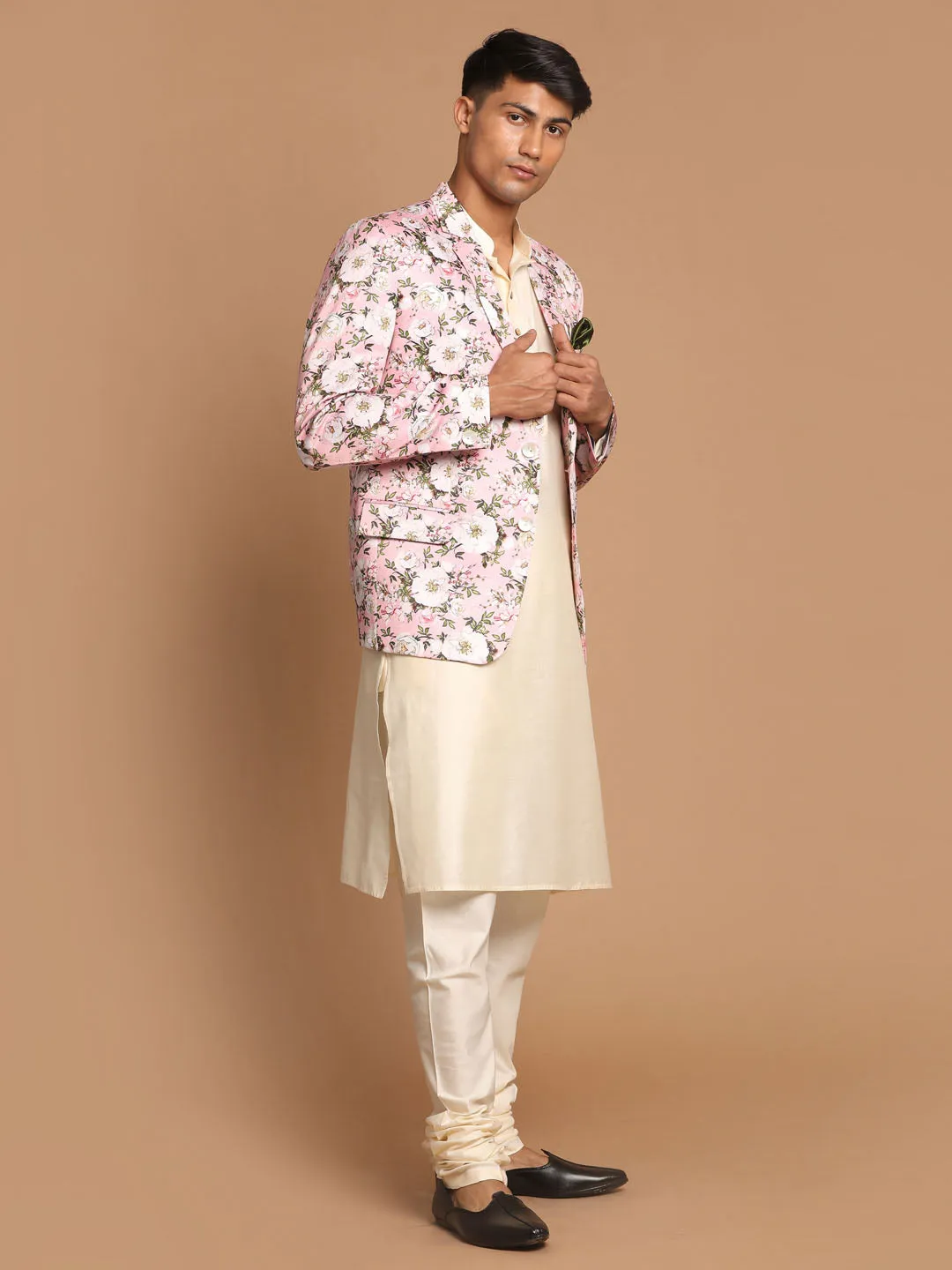 Jashvi Men's Pink Floral Print Blazer And Cream Solid Kurta With Pajama Set