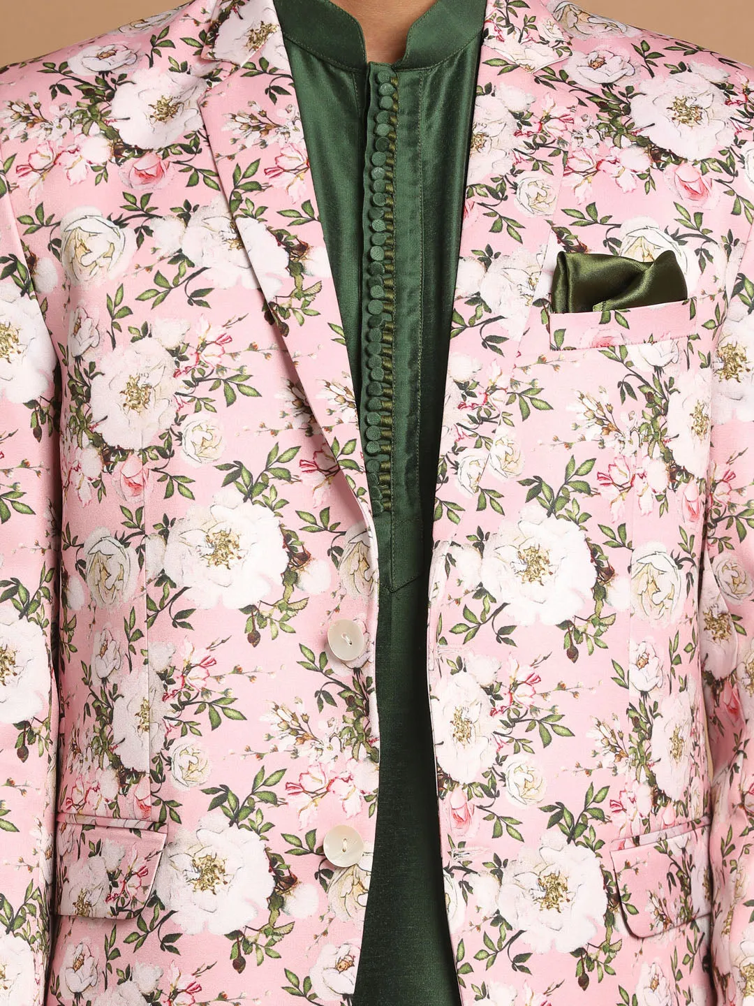 Jashvi Men's Pink Floral Print Blazer And Green Solid Viscose Kurta With Pajama Set