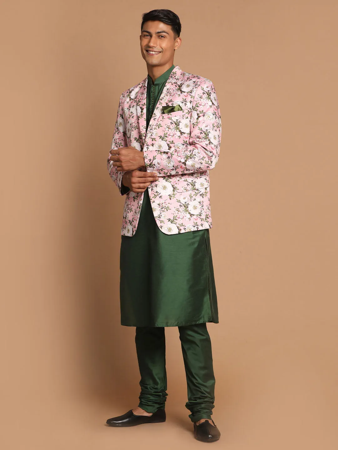 Jashvi Men's Pink Floral Print Blazer And Green Solid Viscose Kurta With Pajama Set