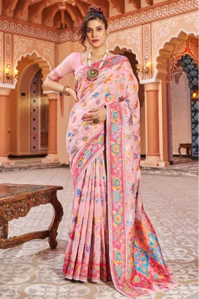 Jazzy Baby Pink Linen Silk Saree With Prettiest Blouse Piece