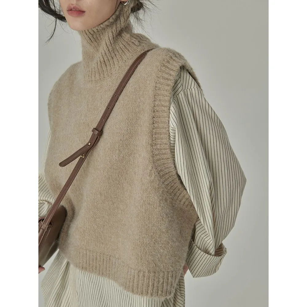 Joskaa Deeptown Vintage Turtleneck Sweater Vest Women Korean Fashion Knitted Jumper Sleeveless Loose All-Match Crop Tops Outerwear Y2K