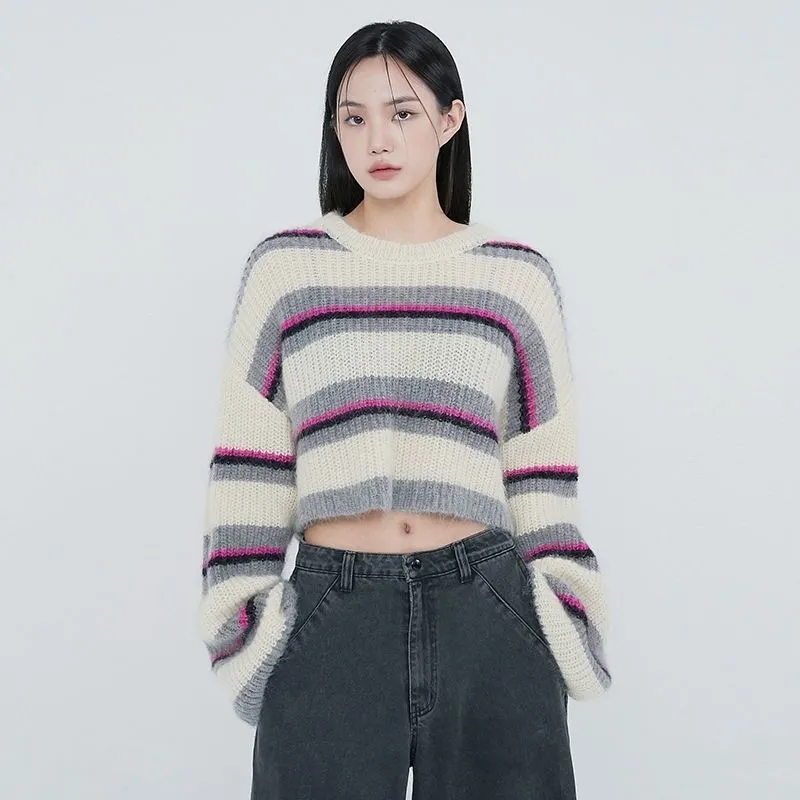 Joskaa MEXZT Japanese Vintage Striped Crop Knitted Sweater Women Fall Fashion Harajuku Loose Y2k Pullovers Casual Korean Lazy Wind Top