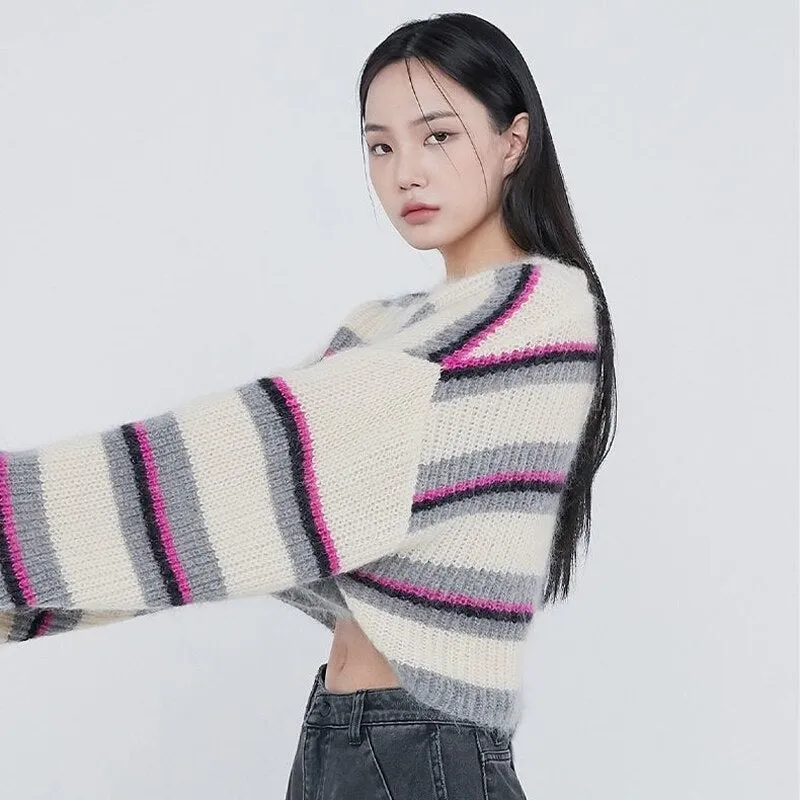 Joskaa MEXZT Japanese Vintage Striped Crop Knitted Sweater Women Fall Fashion Harajuku Loose Y2k Pullovers Casual Korean Lazy Wind Top