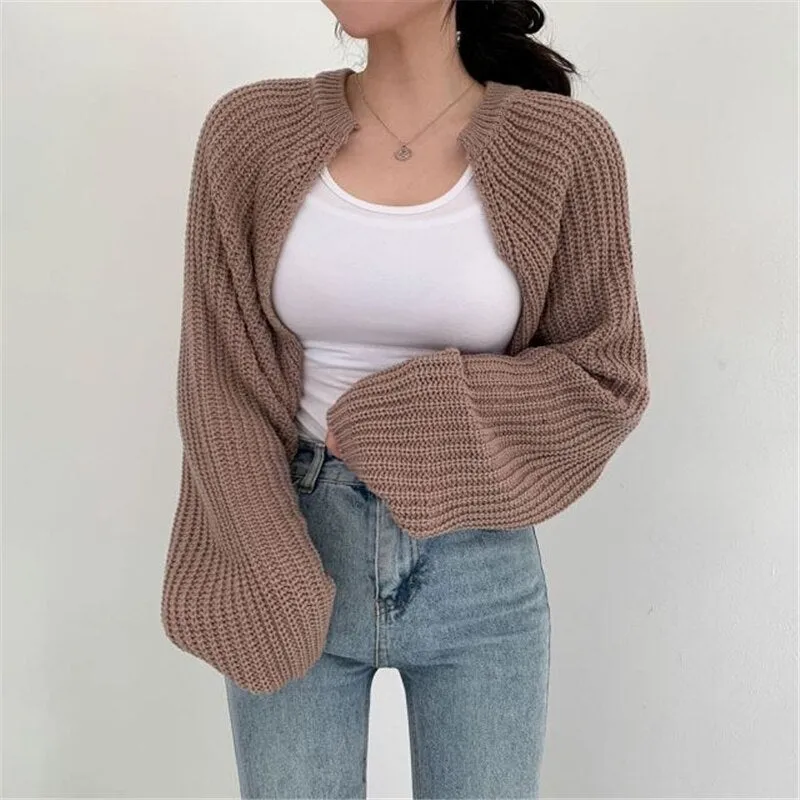 Joskaa MEXZT Korean Fashion Women Loose Short Knitted Cardigan Sweater Fall Harajuku Lantern Sleeve Y2k Clothes Female Vintage Crop Top