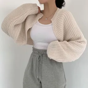 Joskaa MEXZT Korean Fashion Women Loose Short Knitted Cardigan Sweater Fall Harajuku Lantern Sleeve Y2k Clothes Female Vintage Crop Top