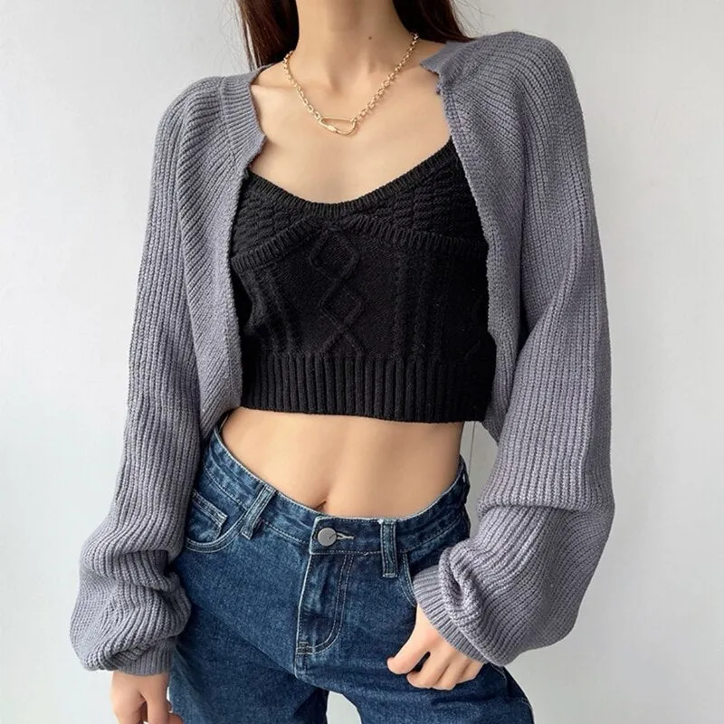 Joskaa MEXZT Korean Fashion Women Loose Short Knitted Cardigan Sweater Fall Harajuku Lantern Sleeve Y2k Clothes Female Vintage Crop Top