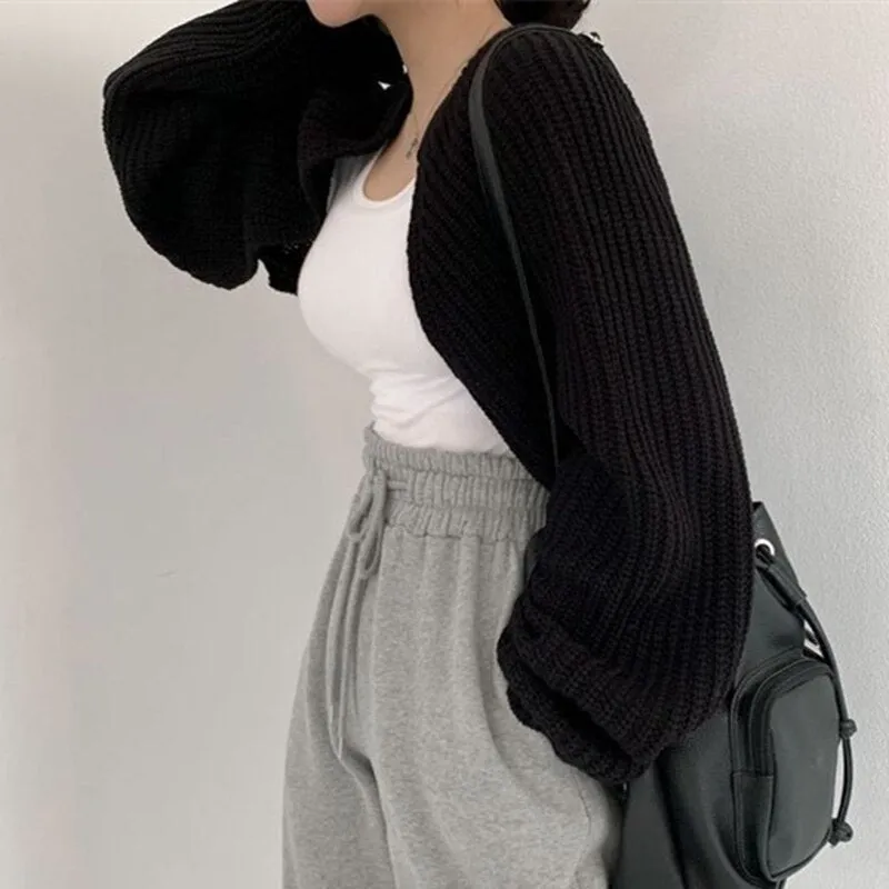 Joskaa MEXZT Korean Fashion Women Loose Short Knitted Cardigan Sweater Fall Harajuku Lantern Sleeve Y2k Clothes Female Vintage Crop Top