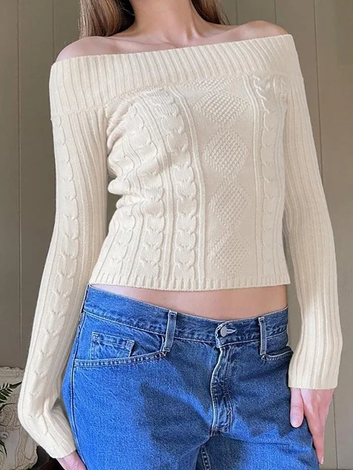 Knit Braided Pattern Boat Neckline Slim Fit Crop Sweater