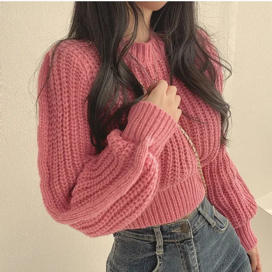 Knitted Sweater Pullovers New Design Cute Sweet Japan Girls Solid O Neck Short Crop Knit Tops 4 Colors 2023 Winter Autumn