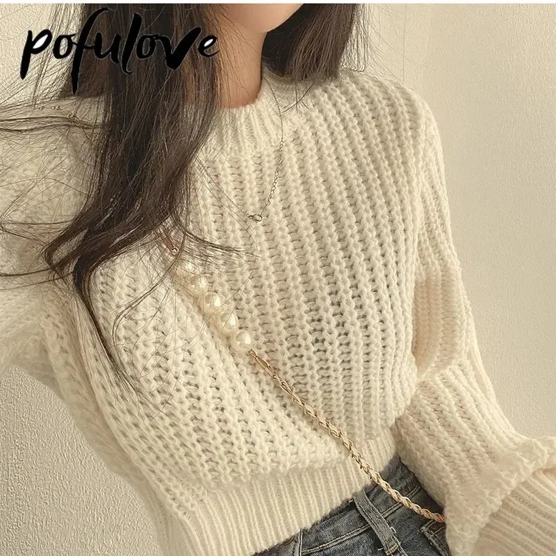 Knitted Sweater Pullovers New Design Cute Sweet Japan Girls Solid O Neck Short Crop Knit Tops 4 Colors 2023 Winter Autumn