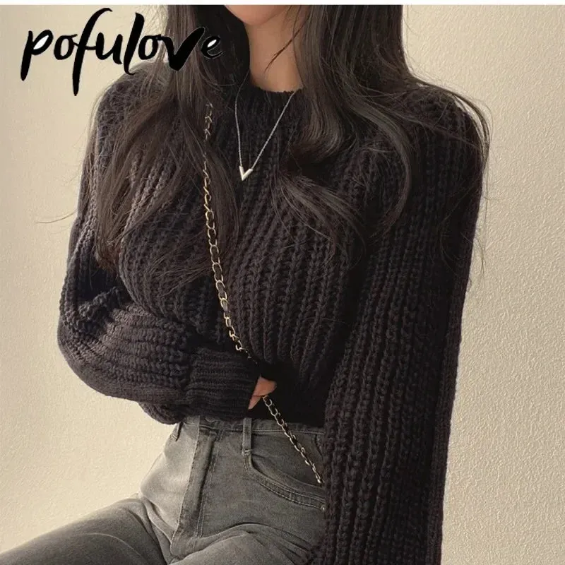 Knitted Sweater Pullovers New Design Cute Sweet Japan Girls Solid O Neck Short Crop Knit Tops 4 Colors 2023 Winter Autumn