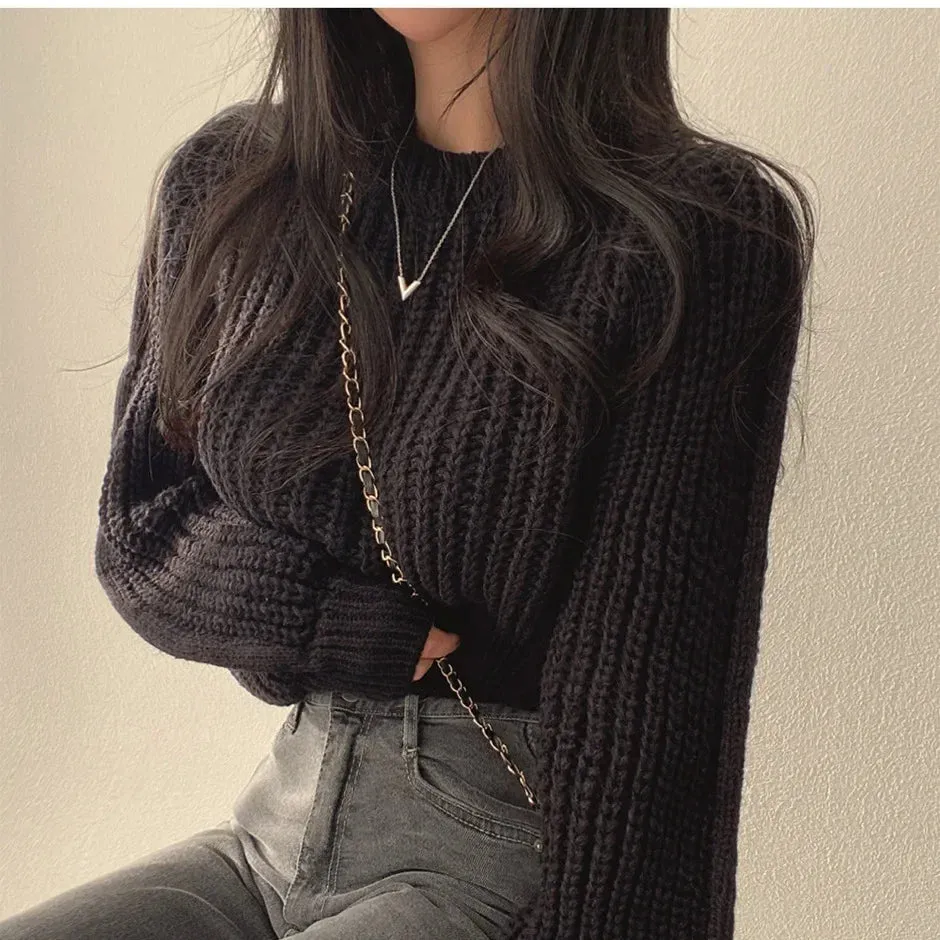 Knitted Sweater Pullovers New Design Cute Sweet Japan Girls Solid O Neck Short Crop Knit Tops 4 Colors 2023 Winter Autumn