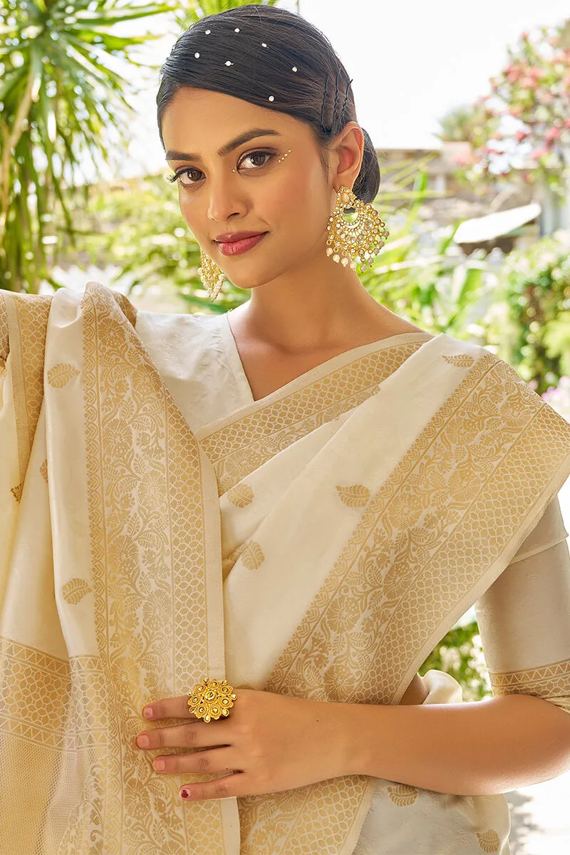 Lagniappe Beige Kanjivaram Silk Saree With Dissemble Blouse Piece