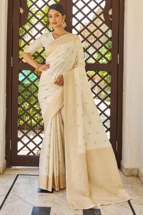 Lagniappe Beige Kanjivaram Silk Saree With Dissemble Blouse Piece