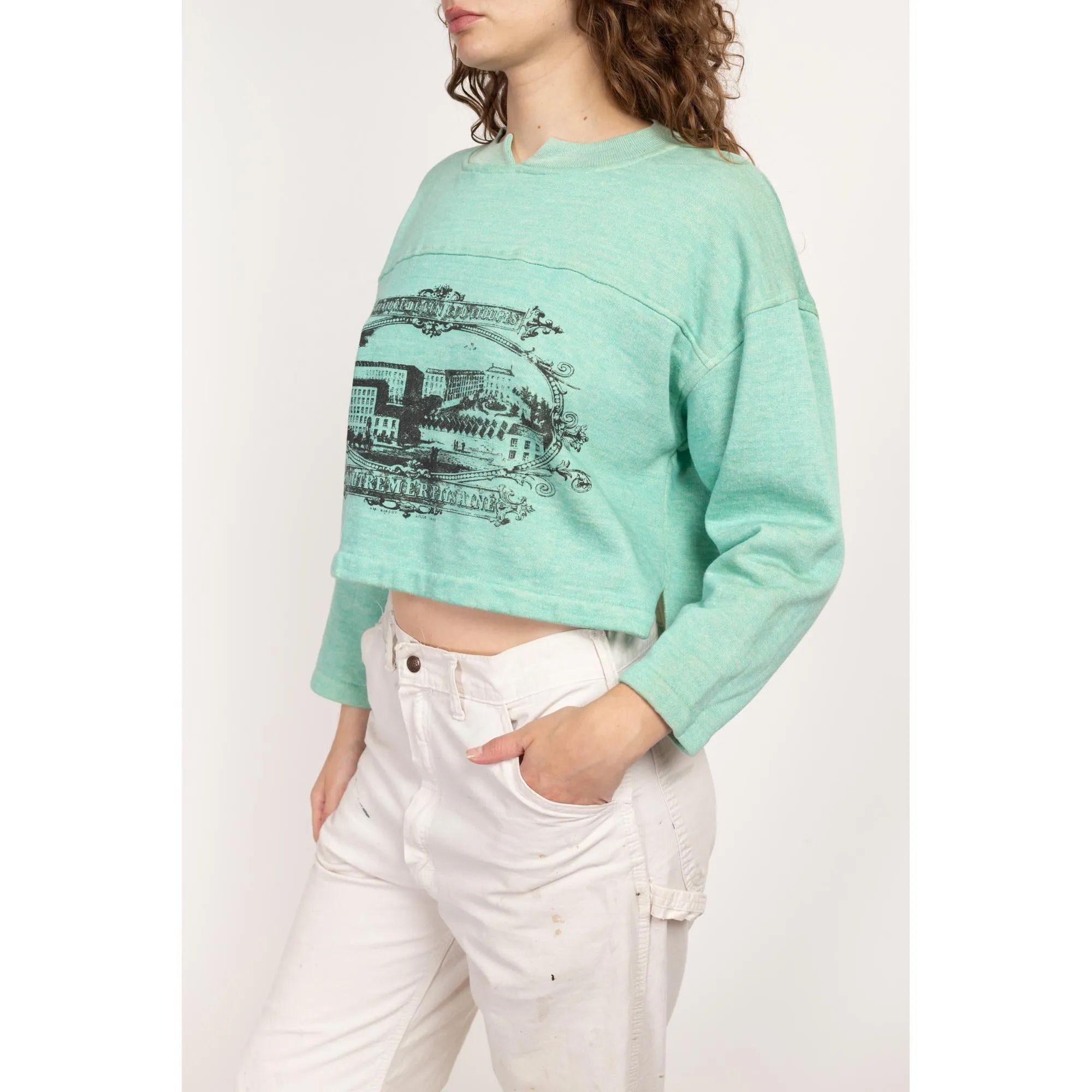 Large 80s Gitano Mint Green French Crop Top Sweatshirt NWT