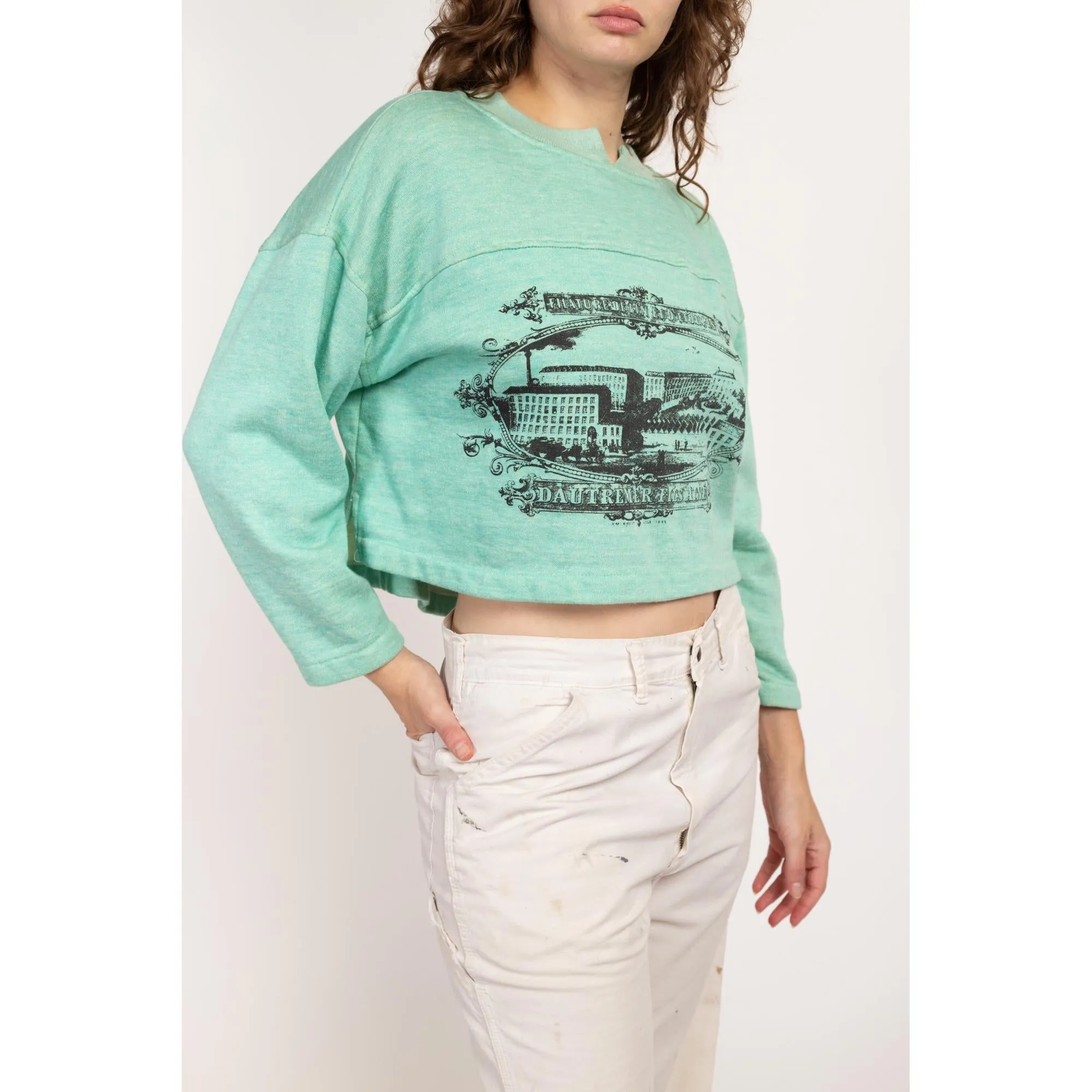 Large 80s Gitano Mint Green French Crop Top Sweatshirt NWT