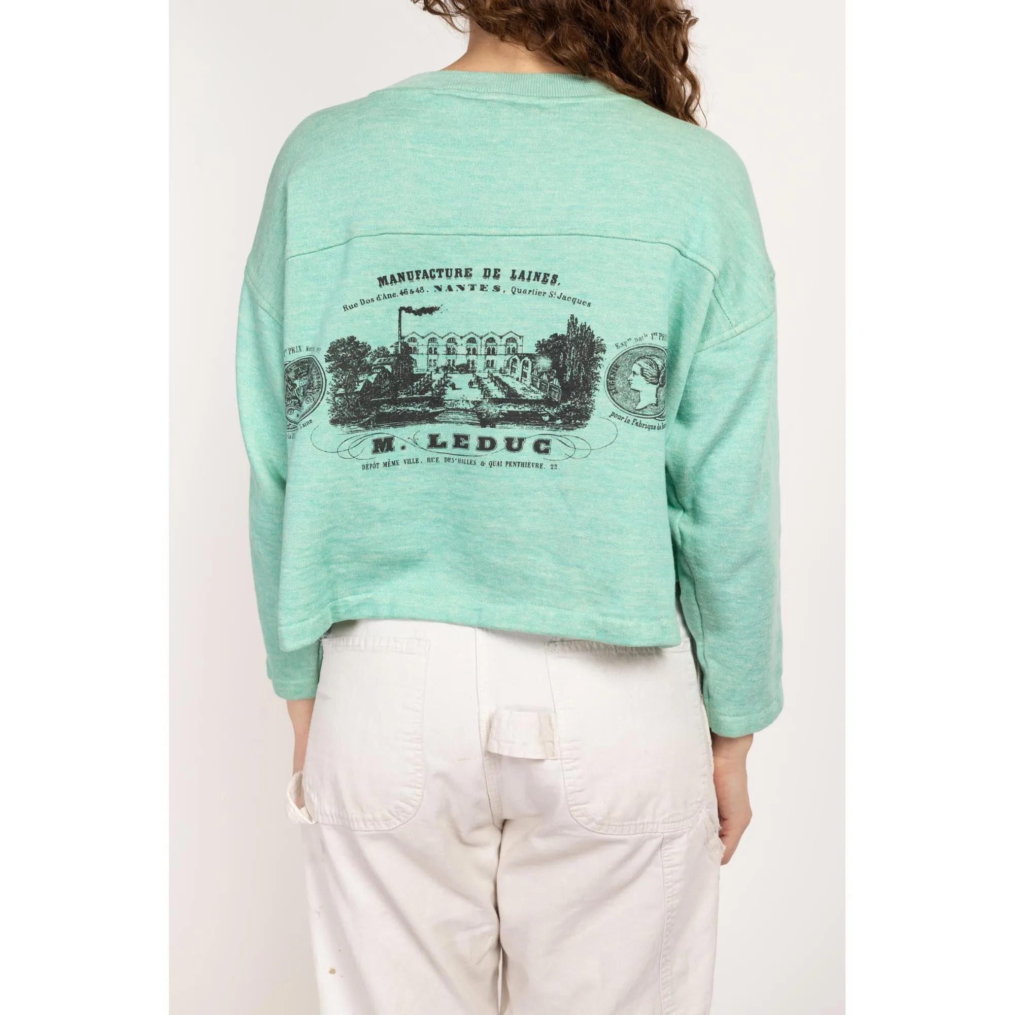 Large 80s Gitano Mint Green French Crop Top Sweatshirt NWT