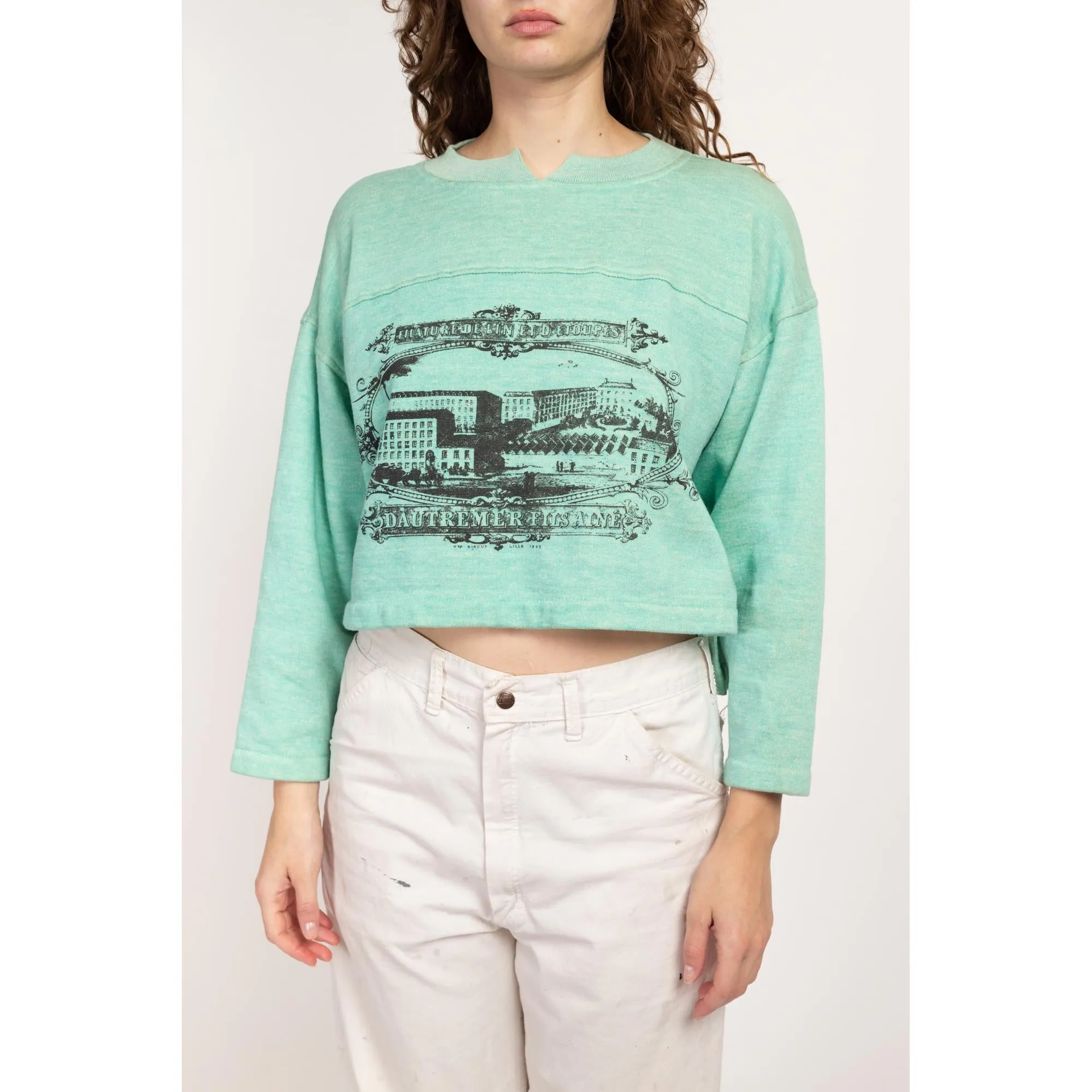 Large 80s Gitano Mint Green French Crop Top Sweatshirt NWT