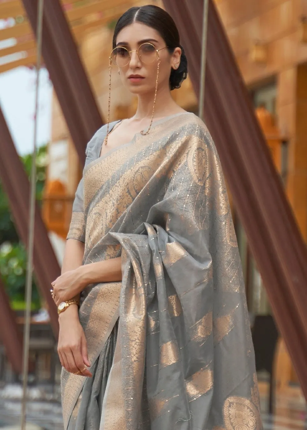 Lava Grey Zari Woven Silk Saree with Sequins work