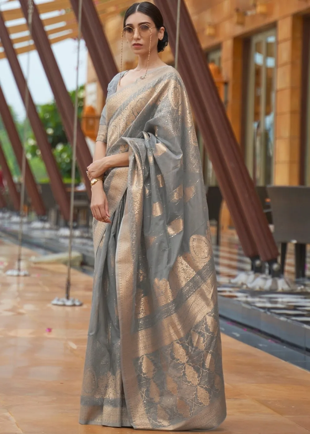 Lava Grey Zari Woven Silk Saree with Sequins work