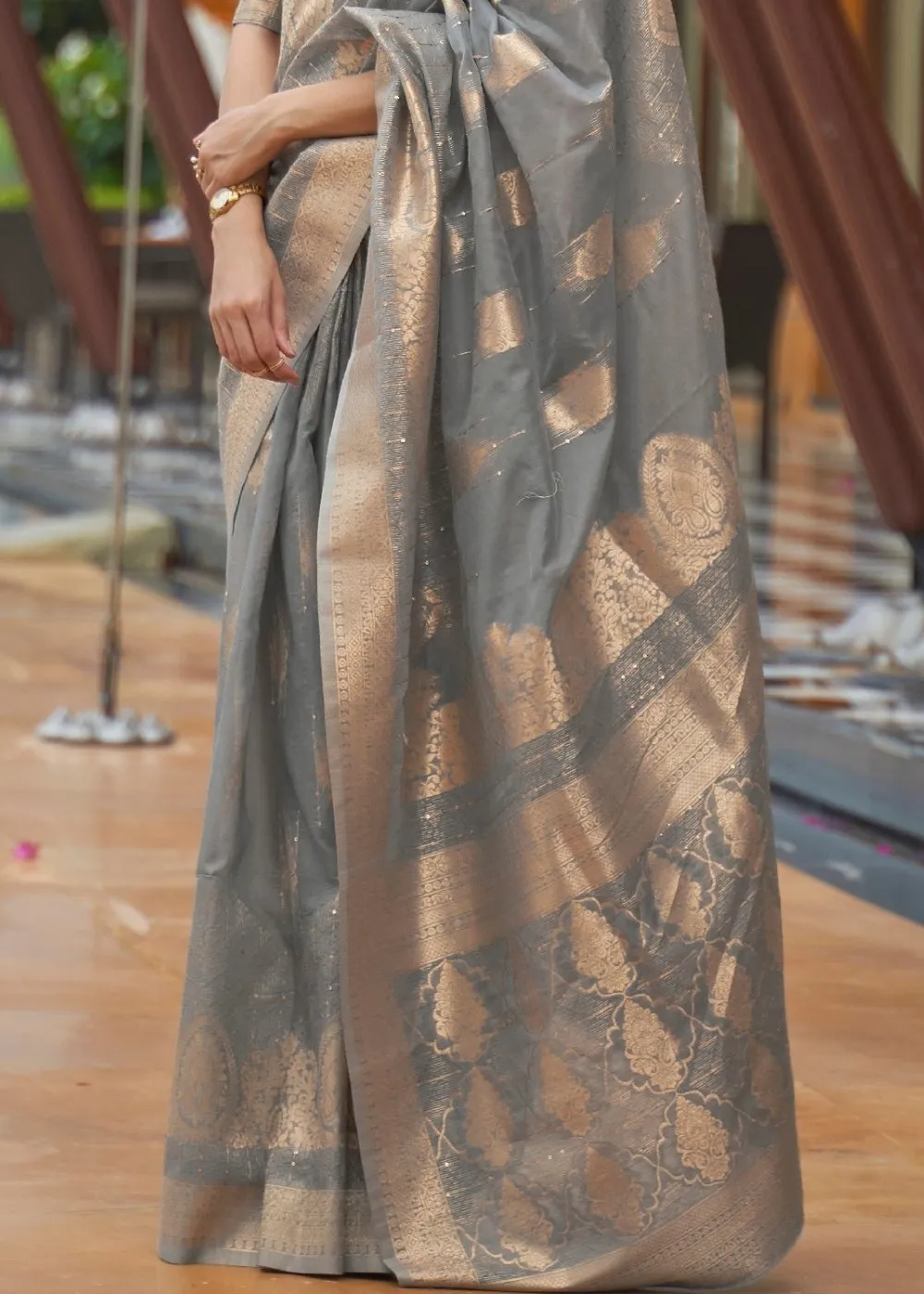 Lava Grey Zari Woven Silk Saree with Sequins work